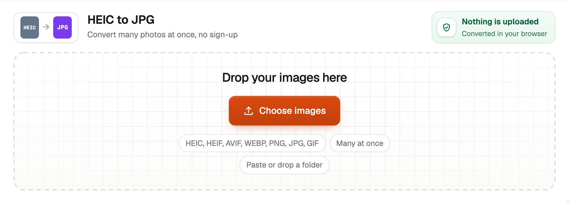The HEIC to JPG header with the green Nothing is uploaded badge, and the drop box with the Choose images button